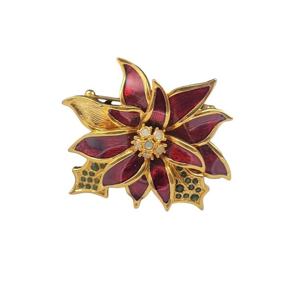 Nolan Miller Poinsettia Jewelry Set Red Enamel Gold Plated Brooch Clip On Earrin - Picture 9 of 16